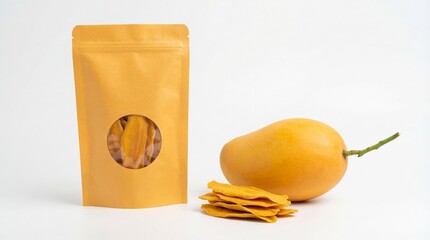Delicious fresh and dried mango slices presented with a convenient kraft paper stand-up pouch