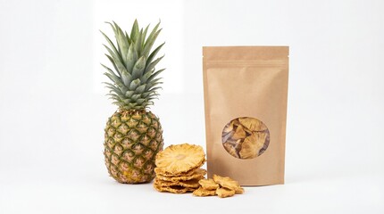 Fresh pineapple alongside dried pineapple snacks and a craft paper pouch on a white background