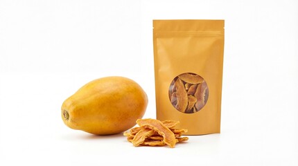 Fresh ripe papaya with dried slices in a kraft paper pouch on a white background