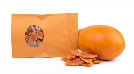 Delicious dried papaya slices in a rustic pouch alongside a fresh, ripe papaya fruit
