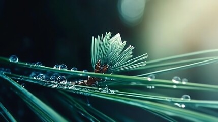 Close-up of Dew Drops on Vibrant Green Pine Needles in Gentle Morning Light