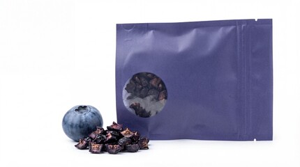 Fresh blueberry with dried berry pieces next to a purple stand-up pouch