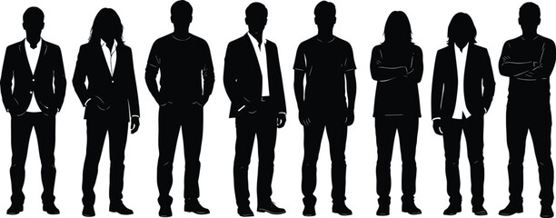 Business team silhouette vector showing confident professionals standing together for corporate leadership, diversity, teamwork and modern company branding concepts.