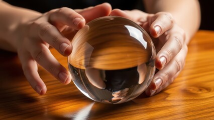 Female hands gently holding a clear crystal ball on a wooden table reflecting warm light