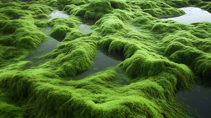 Lush Green Moss Landscape with Water Puddles and Vibrant Natural Textures
