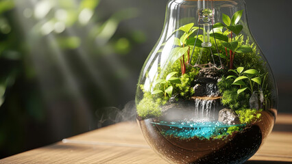Tiny Ecosystem with Waterfall inside Glass Light Bulb