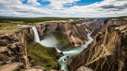 Majestic waterfall cascading through rugged canyon landscape under vibrant blue sky with lush greenery