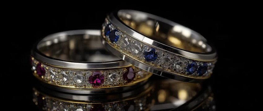 These exquisite wedding rings showcase exceptional craftsmanship with stunning gemstones set against a glittery background, adding sophistication and elegance to any celebration of love and commitment