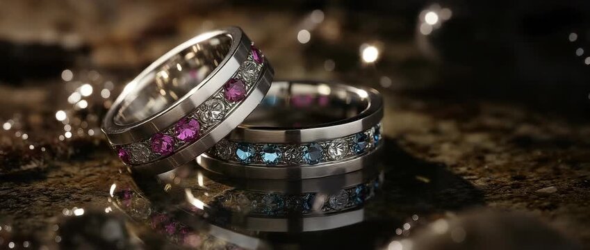 These exquisite wedding rings showcase exceptional craftsmanship with stunning gemstones set against a glittery background, adding sophistication and elegance to any celebration of love and commitment