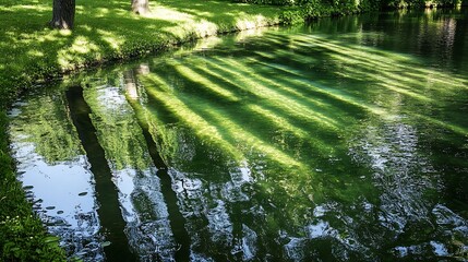 Tranquil Reflection of Trees on Calm Water Surface in Lush Green Park Setting