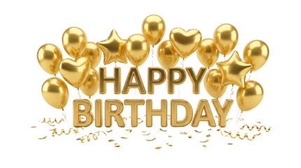 Happy birthday text with golden balloons above the words in a celebratory arrangement object on white and png