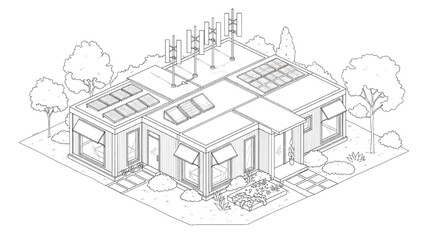 Fototapeta premium High-Quality Black Continuous Line Art of Net-Zero Modular House Isometric Layout with Energy Zones