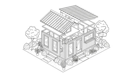 High-Quality Black Continuous Line Art of Exploded Isometric Tiny Home Showing Modular Wall Panels and Roof Assembly
