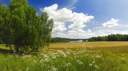 Serene Landscape with Lush Green Trees and Bright Blue Sky Over Peaceful Lake