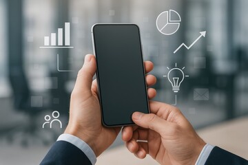 Smartphone business analytics and insights app with graphs and charts for data tracking.