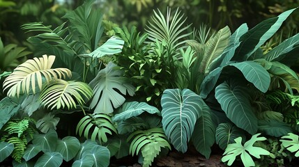 Lush Green Tropical Foliage with Varied Textures and Shades in a Vibrant Natural Setting