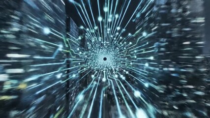 Digital city network with glowing lines and nodes representing data flow and connectivity in a futuristic urban landscape.