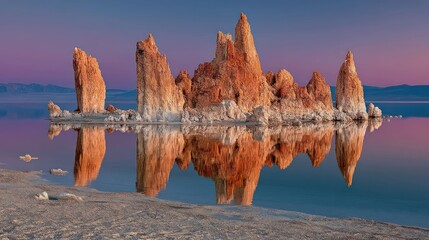 Sunset colors illuminate towering tufa formations reflecting in a still lake