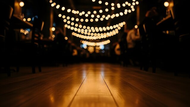 Empty Wooden Table with Warm Bokeh Lights Background for Restaurant Cafe Banner Template