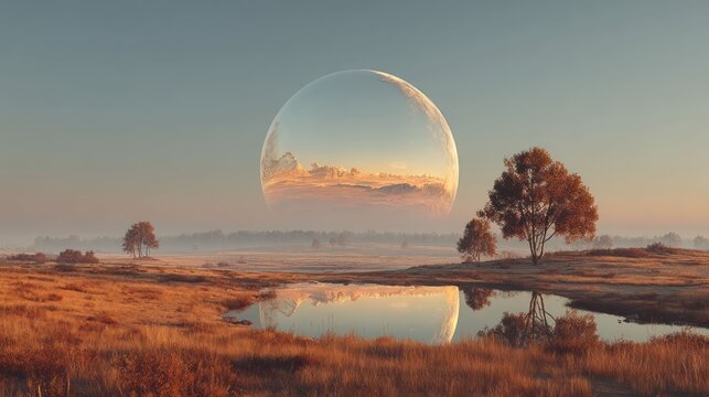 Surreal misty field, giant reflective sphere, golden light, calm pond