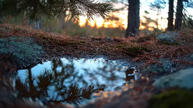 Forest floor puddle reflecting sky and pine needles at sunset