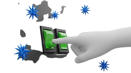 Hand flipping green light switch with blue starbursts