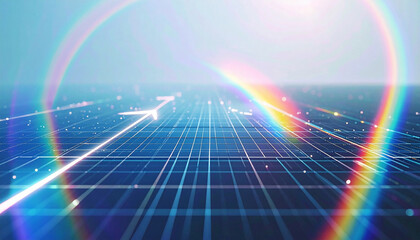 Technological Vista: A digitally rendered scene presents a network grid, conveying the concepts of connection and technological advancement, further highlighted with refracted light effects.