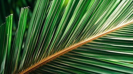 Close-Up of Lush Green Palm Leaves with Intricate Texture and Vibrant Tropical Colors