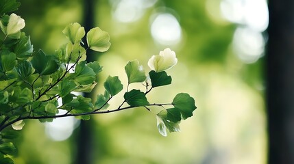 Fresh Green Leaves on Branch Against Blurred Nature Background in Soft Natural Light