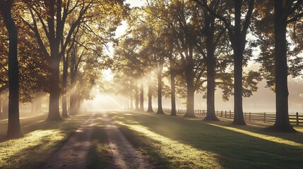 Serene Autumn Pathway Shrouded in Morning Mist with Sunlight Through Leaves