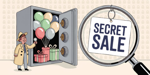 Secret sale promotion illustration with detective, safe full of gifts and balloons, magnifying glass and mystery discount concept