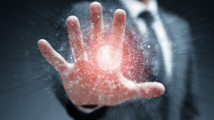 A clean, person making a clear, simple hand gesture (e.g., open palm) to the camera, with the background being a dense, vivid, and abstract digital firewall/security patt