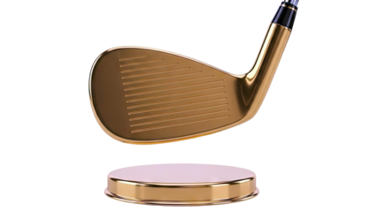 Golden Golf Club Head Hovering Over a Podium