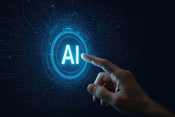 Hand touching glowing ai interface with circuits, artificial intelligence future technology concept.