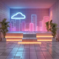 Vibrant neon cityscape stage with cloud in a futuristic tiled room