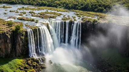 Fototapeta premium Majestic waterfall cascading over cliffs with lush greenery and misty spray in a scenic natural landscape