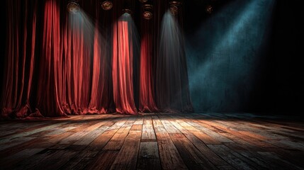 Empty theater stage with red velvet curtains dramatic spotlights wooden floor cinematic performance setting isolated on white background