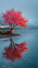 Vibrant pink tree reflects in calm water by misty mountains at dusk