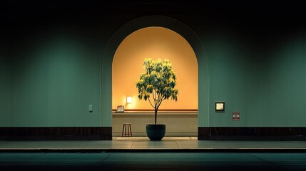 Vibrant potted plant illuminated in archway; dark, cool building