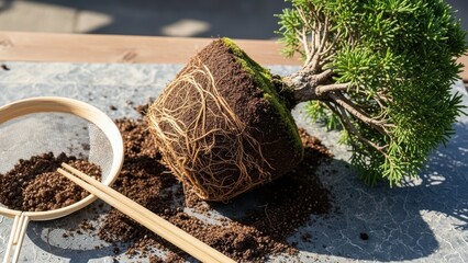 Exposed bonsai roots with soil and tools on table for gardening practice on sunny day