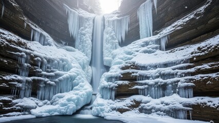 Majestic frozen waterfall cascading over brown cliffs surrounded by snow in tranquil winter landscape