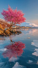 Vibrant pink tree reflects on icy water, village, snow-capped mountains