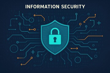Information security shield with lock and digital circuit network background security information.