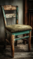Vintage wooden chair with distressed teal paint and upholstered seat