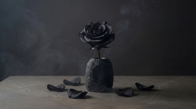 Melancholic still life of a dark rose and fallen petals. 