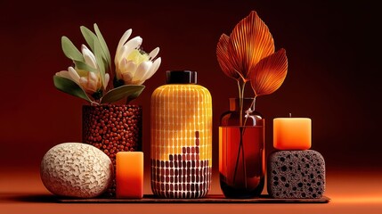 Warm still life with patterned bottles, candles, flowers, natural textures