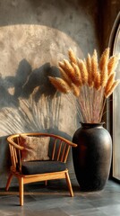 Warm sunlight illuminates a chair, vase of pampas grass, textured wall