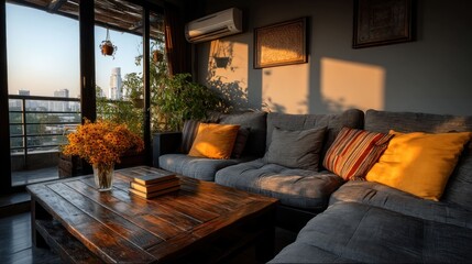 Warm urban apartment living room with sofa, table, city balcony view