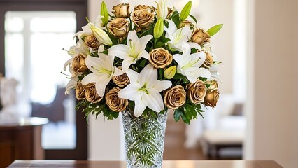 Elegant bouquet of white lilies and golden roses in a crystal vase, a sophisticated floral arrangement for any occasion.