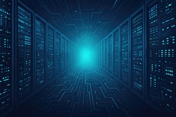 Digital data center hallway with glowing server racks and glowing circuit board floor patterns.